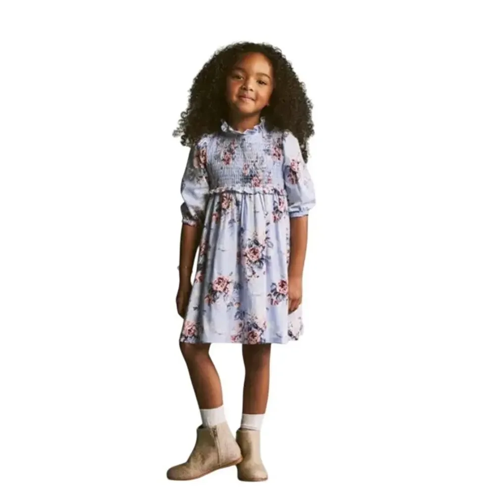Janie and Jack Girl's 2T Pale Blue Swan Floral The Sylvie Smocked Dress NWT